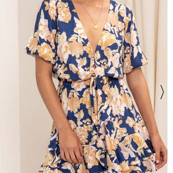 Kivari Briar Floral Tie Front Mini Dress Navy Peach Tiered Medium - Picture 3 of 6